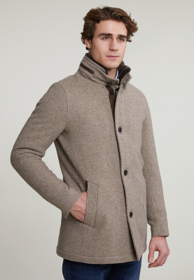 Woolen coat detachable fur collar brown