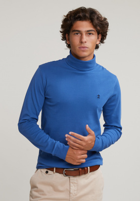 Cotton roll neck T-shirt long sleeves crown blue