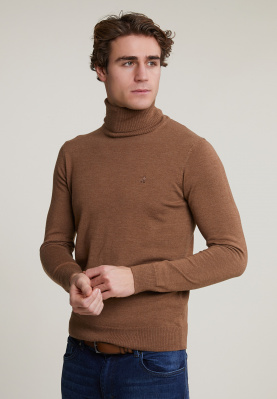 Slim fit basic merino roll neck sweater loam mix