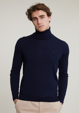 Slim fit basic merino roll neck sweater navy