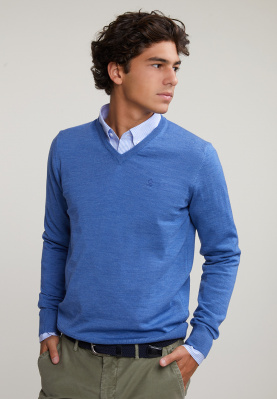 Custom fit basic merino V-neck sweater crown blue mix