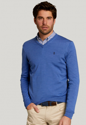 Custom fit basic merino V-neck sweater deep blue mix