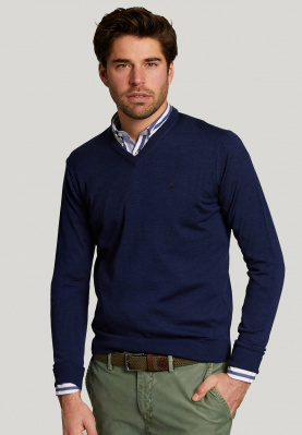 Custom fit basic merino V-neck sweater french dark mix