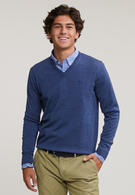 Custom fit basic merino V-neck sweater oriental blue mix