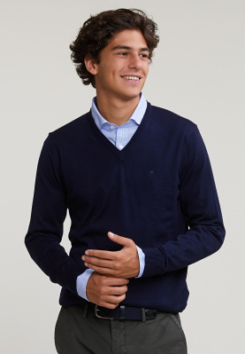 Custom fit basic merino V-neck sweater navy