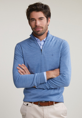 Custom fit basic merino mock neck sweater alpine blue mix