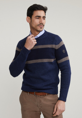 Custom fit striped wool-cashmere crew neck sweater navy mou