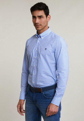 Custom fit geruit hemd blauw/wit