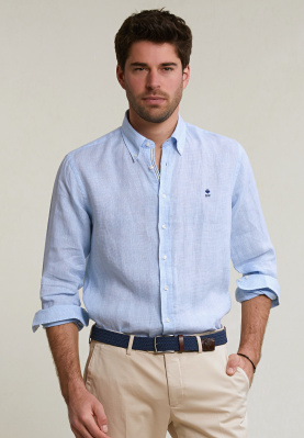 Custom fit geruit linnen hemd blauw/wit