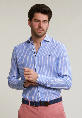 Custom fit gestreept linnen hemd blauw/wit