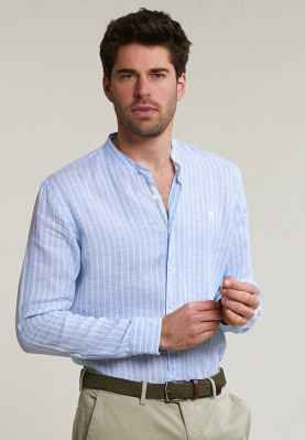 Custom fit gestreept linnen hemd blauw/wit