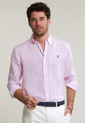 Custom fit gestreept linnen hemd roze/wit