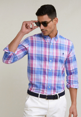 Custom fit cotton-linen checked shirt blue/pink