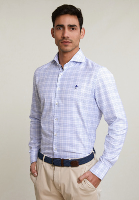 Custom fit geruit hemd blauw/wit