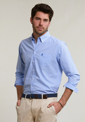 Custom fit geruit hemd borstzak blauw/wit