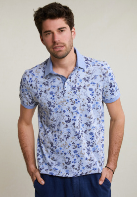 Custom fit cotton-linen floral polo chambray mix