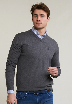 Normal fit basic bamboo-cotton V-neck pullover graphite mix