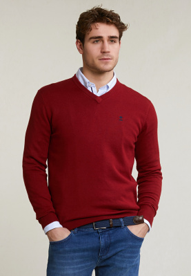 Normal fit basic bamboo-cotton V-neck pullover red maple