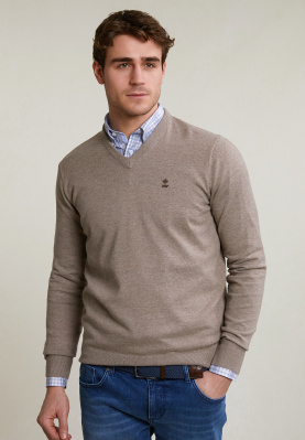 Normal fit basic bamboo-cotton V-neck pullover smoke mix