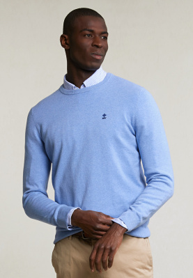 Pull taille normale coton basique col rond chambray mix