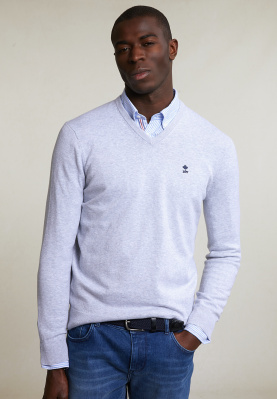 Pull V taille normale coton basique grey mix