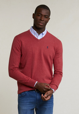 Normal fit basic cotton V-neck pullover tomato mix
