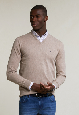 Pull V taille normale coton basique wood mix