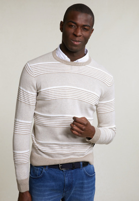Custom fit cotton striped crew neck pullover old wood mix