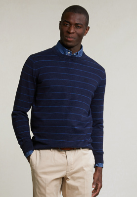 Custom fit striped cotton crew neck sweater navy mix