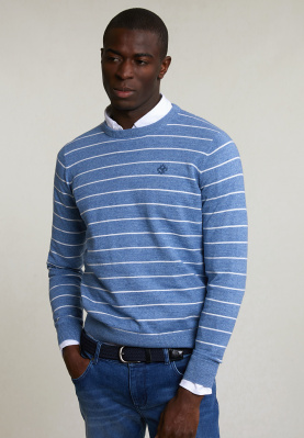 Custom fit striped cotton crew neck sweater lake mix