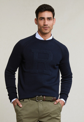 Custom fit cotton crew neck sweater dark navy