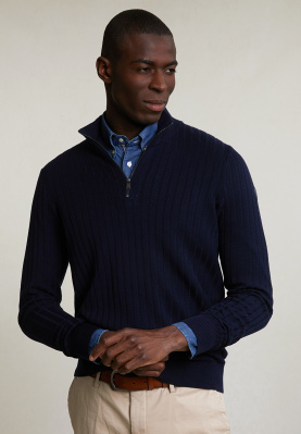 Custom fit fancy woolen mock neck sweater navy