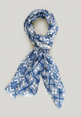 Blue/white fantasy cotton-linen scarf