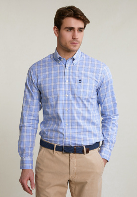 Custom fit geruit hemd borstzak beige/blauw