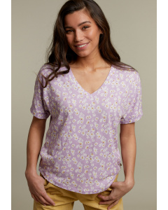 Lila t-shirt met V-hals in bloemenprint