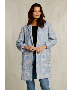 Blue checked coat applied pockets
