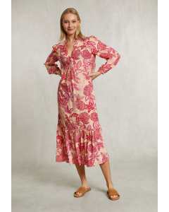 Pink/beige long ruffled floral dress