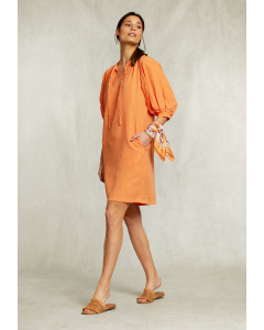 Orange linen V-neck dress 3/4 sleeves