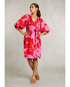 Pink/red belted V-neck dress 3/4 sleeves