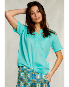 Turquoise V-neck blouse with pocket