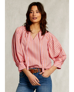 Orange/pink striped V-neck blouse