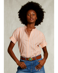 White/orange striped V-neck blouse