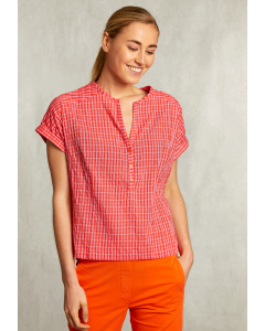 Pink/red checked V-neck blouse