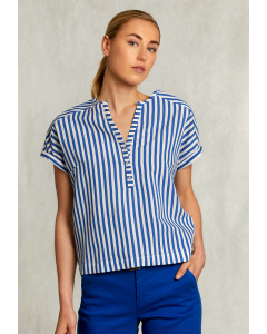 Blauw/wit gestreepte V-hals blouse