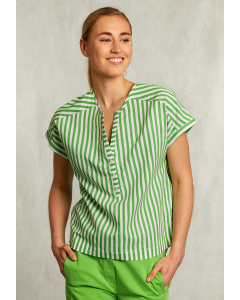 Green/white striped V-neck blouse