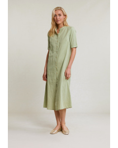 Olive green cotton-linen long buttoned dress