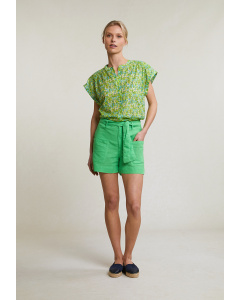 Green linen-cotton belted short applied pockets