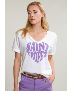 T-shirt fantaisie manches courtes écru/violet