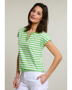 Green/white striped V-neck T-shirt