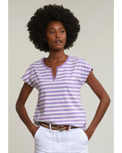 Purple/white striped V-neck T-shirt